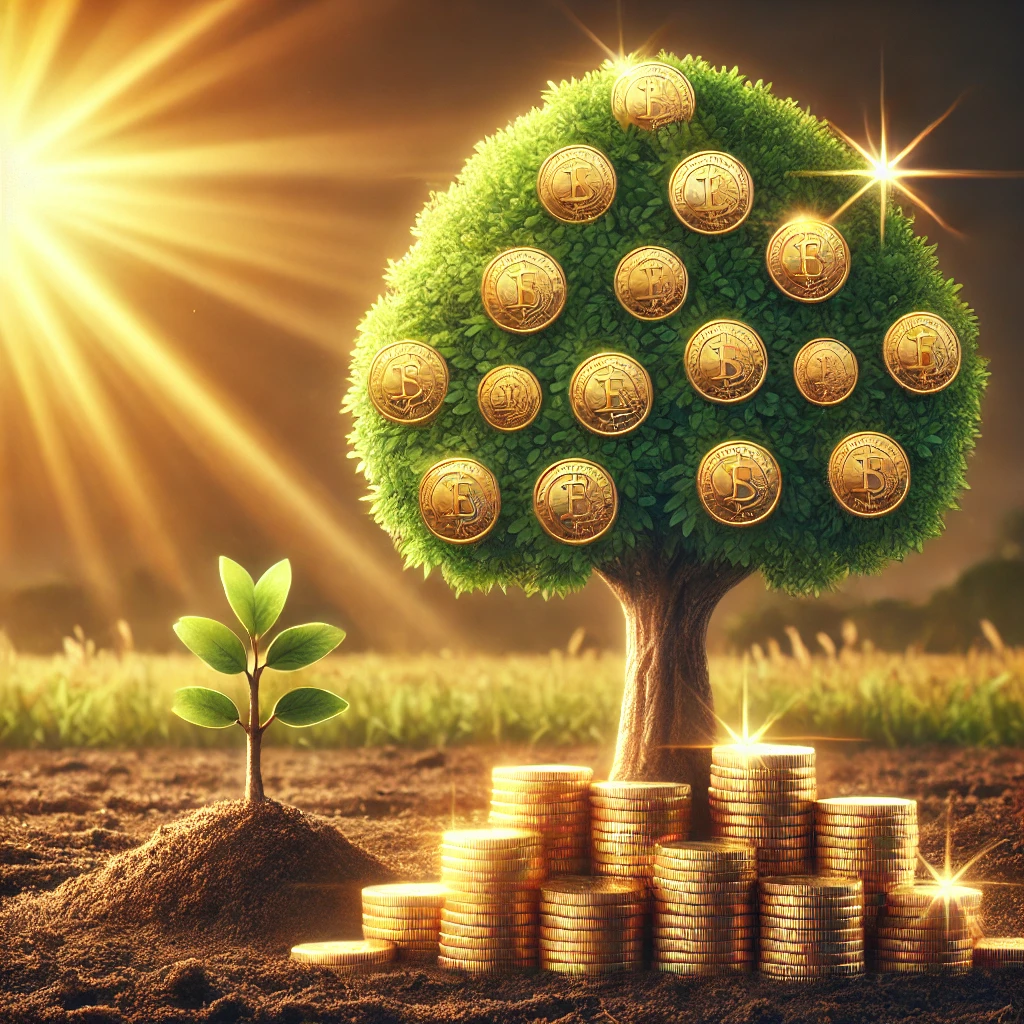 Ilustração de uma árvore crescendo com folhas douradas em formato de moedas, simbolizando o crescimento financeiro ao longo do tempo. O fundo apresenta um nascer do sol, representando um futuro brilhante e próspero.