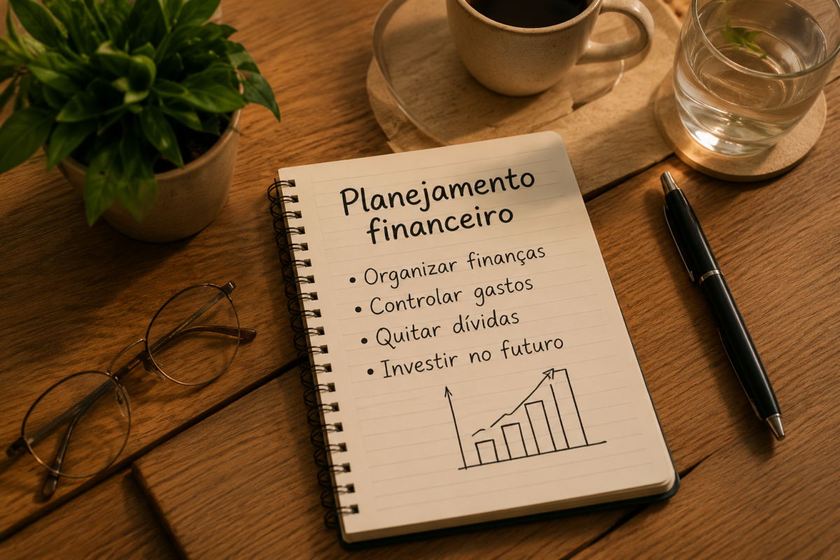 Caderno com anotações sobre planejamento financeiro sobre mesa de madeira, ao lado de café, caneta e objetos de estudo, representando educação financeira e organização do dinheiro.