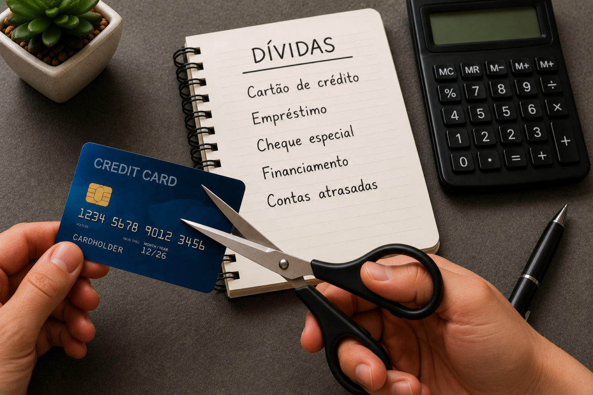 Tesoura próxima de cartão de crédito e lista de dívidas representando estratégias para sair do endividamento.