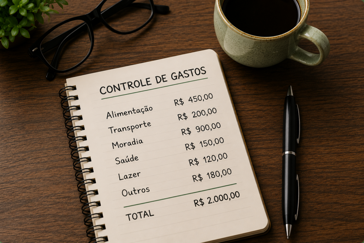 Controle de gastos mensais em caderno com orçamento doméstico e planejamento financeiro.