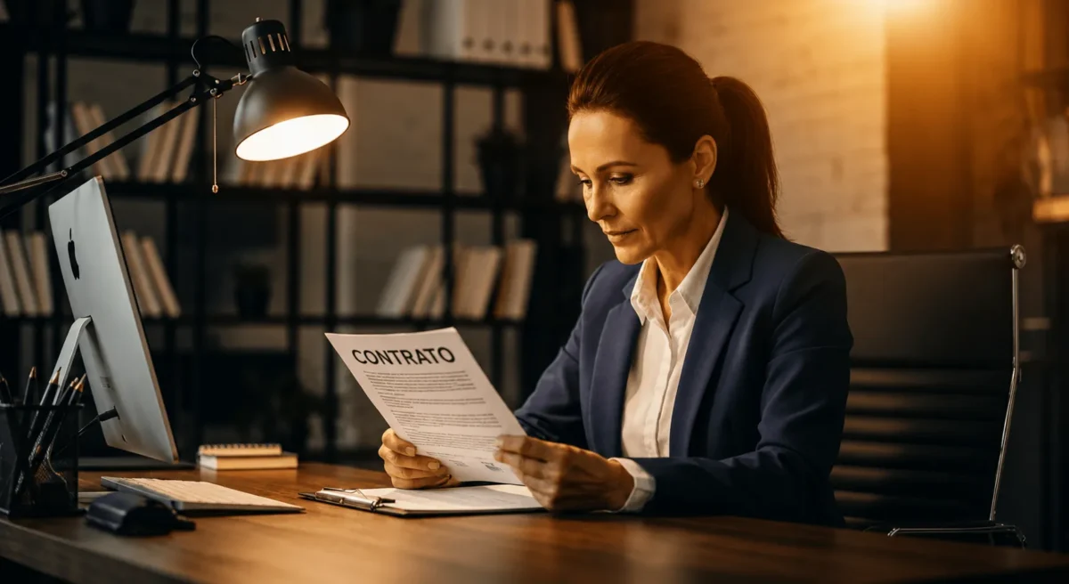 Mulher analisando um contrato em um escritório antes de tomar uma decisão financeira.