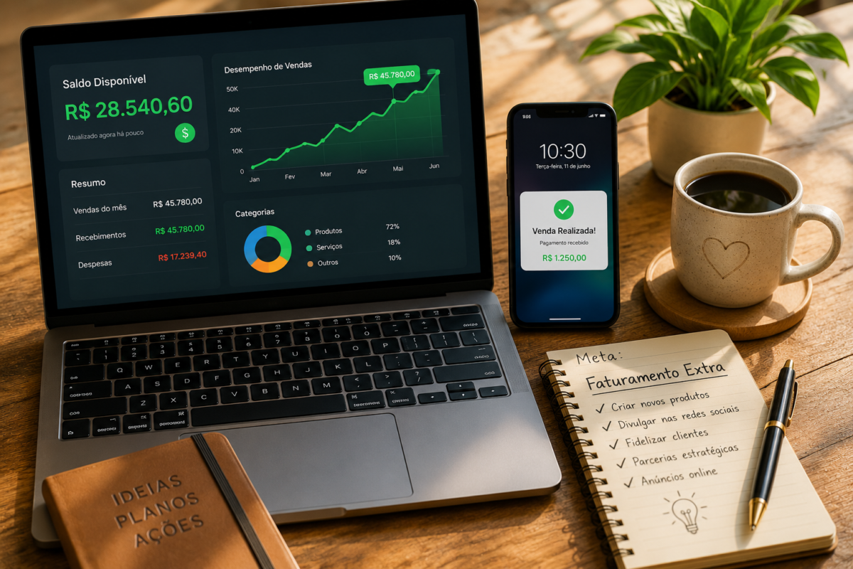 Notebook aberto exibindo gráficos de desempenho de vendas e saldo disponível em reais, ao lado de um smartphone com notificação de venda realizada e um caderno com anotações de metas para faturamento extra no site Comece com Pouco.