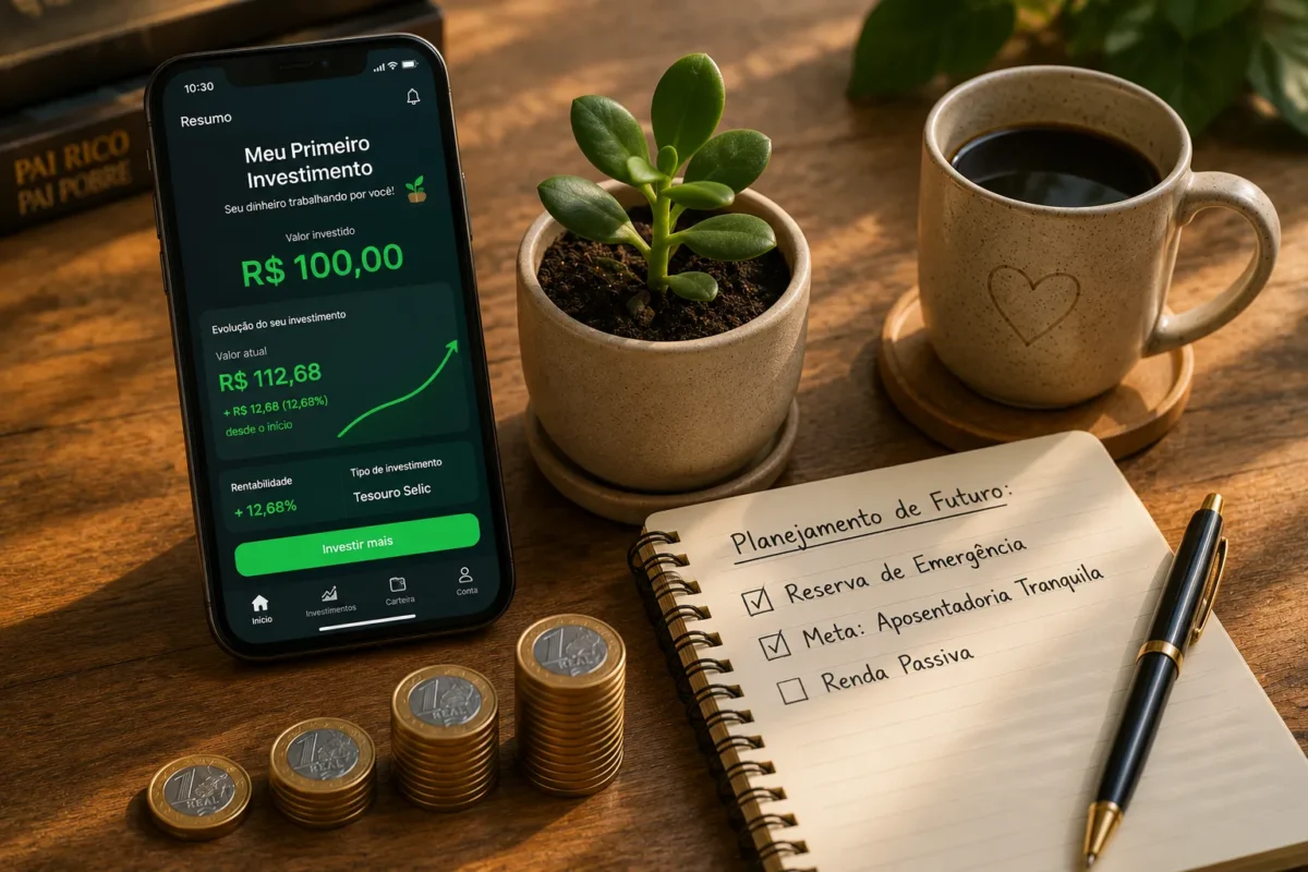 Smartphone exibindo aplicativo financeiro com o título Meu Primeiro Investimento no valor de cem reais em Tesouro Selic, posicionado em uma mesa de madeira ao lado de pilhas crescentes de moedas, vaso com planta suculenta e caderno com metas de aposentadoria tranquila.