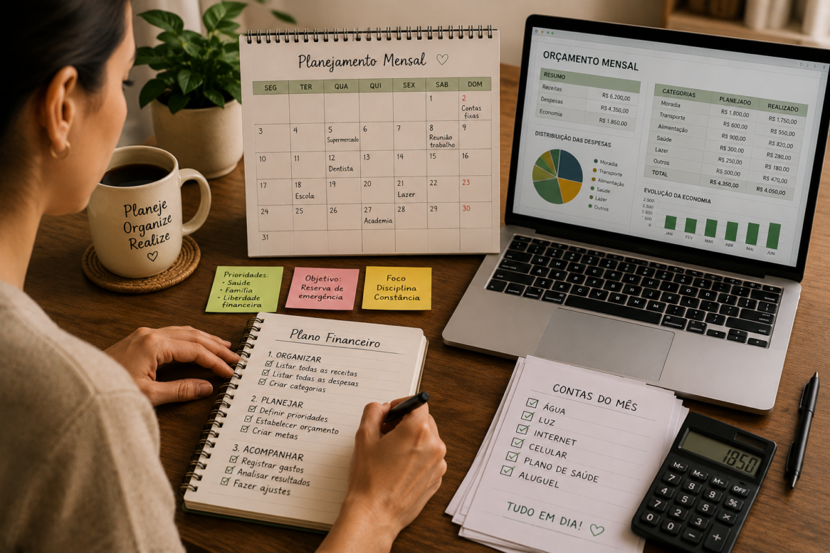Organizar finanças com planejamento mensal, controle de contas e acompanhamento financeiro no computador.