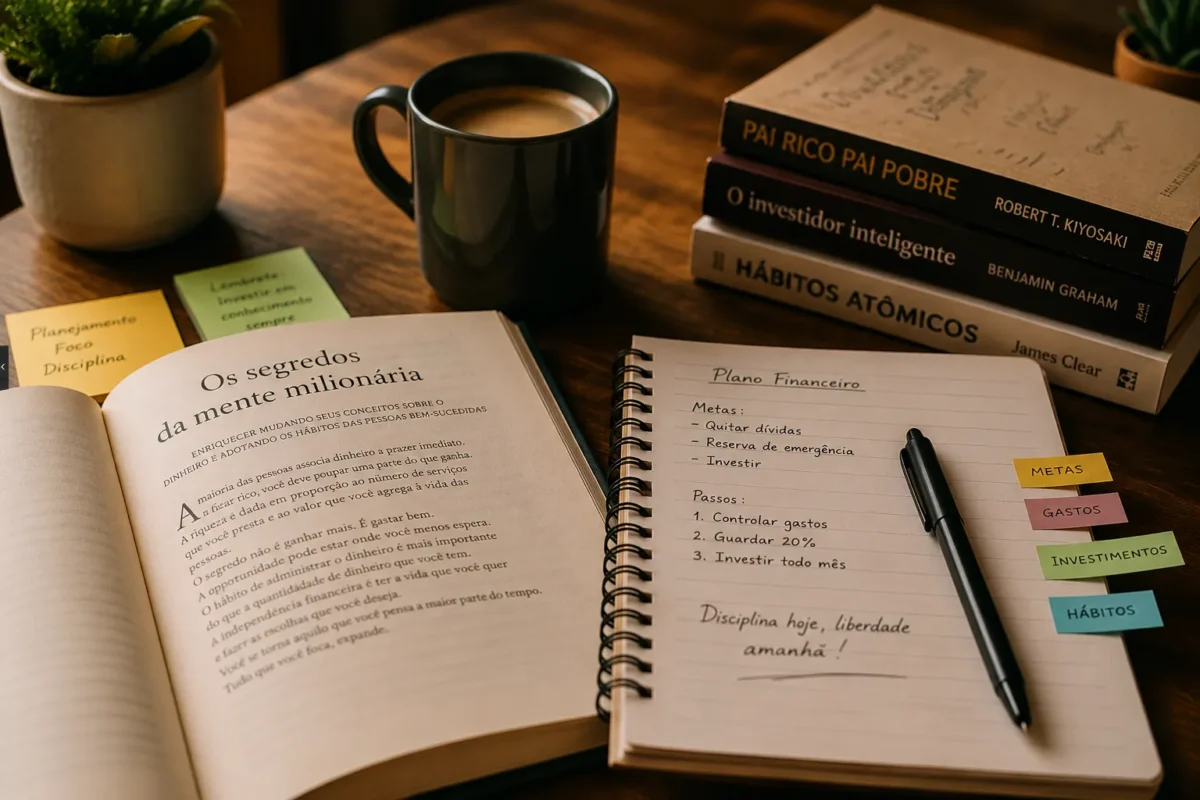 Mesa de madeira com o livro Os segredos da mente milionária aberto, uma pilha com os livros Pai Rico Pai Pobre, O Investidor Inteligente e Hábitos Atômicos, uma caneca de café e um caderno com anotações de plano financeiro no blog Comece com Pouco.