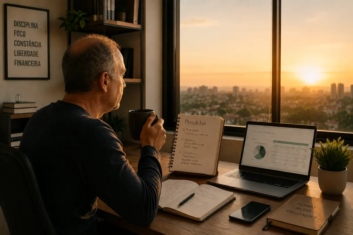 Homem de costas em seu home office tomando café e olhando o pôr do sol na janela, com notebook exibindo gráficos financeiros, cadernos de metas e um quadro na parede escrito Disciplina, Foco, Constância, Liberdade Financeira no blog Comece com Pouco.