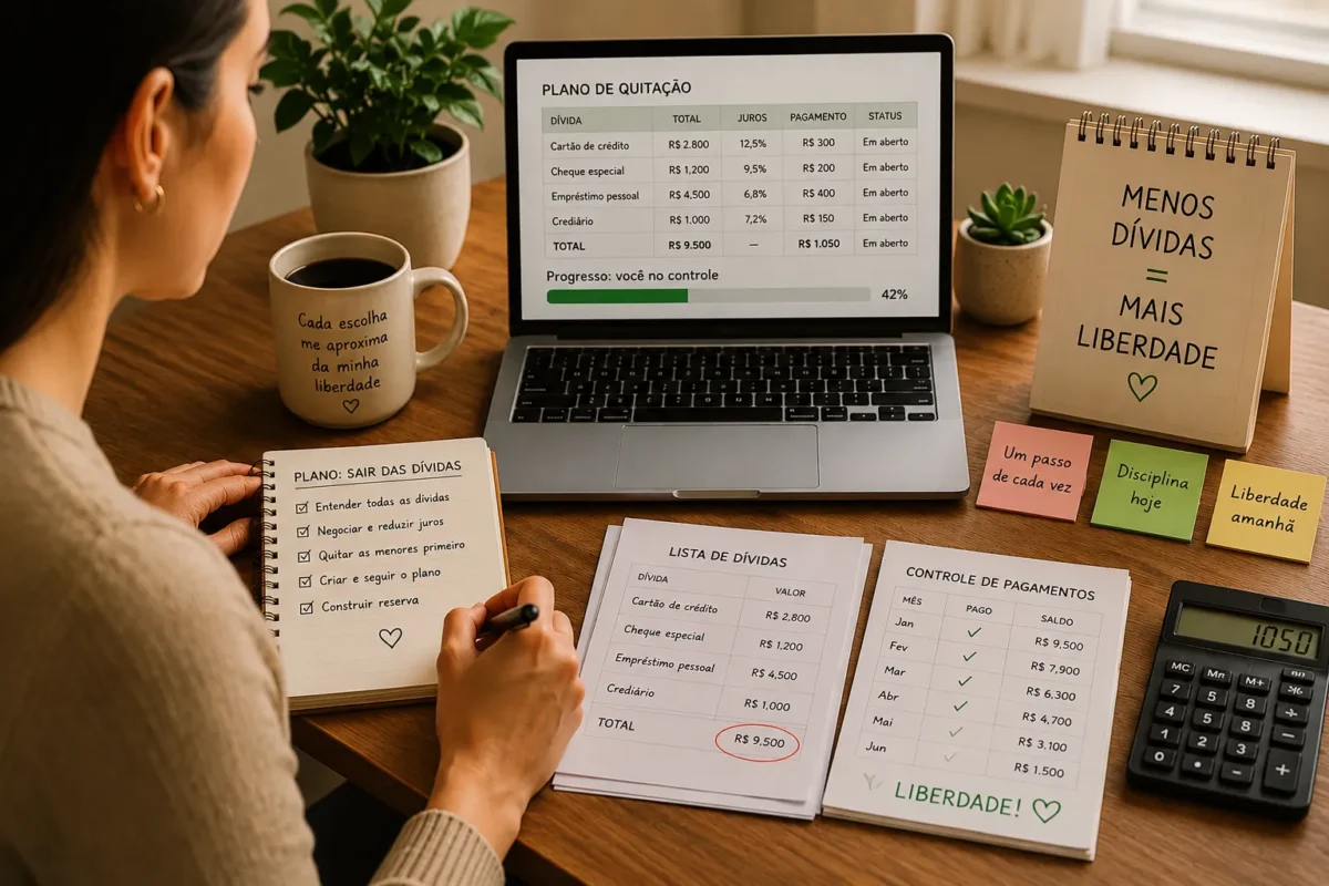 Mulher organizando plano de quitação de dívidas em notebook e caderno, com lista de dívidas, controle de pagamentos e calculadora sobre a mesa