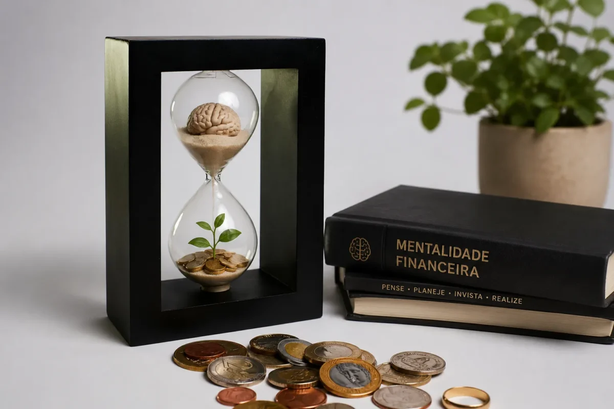 Mentalidade financeira simbolizada por ampulheta, cérebro, planta crescendo sobre moedas e livro, representando disciplina, educação financeira e construção de patrimônio ao longo do tempo.