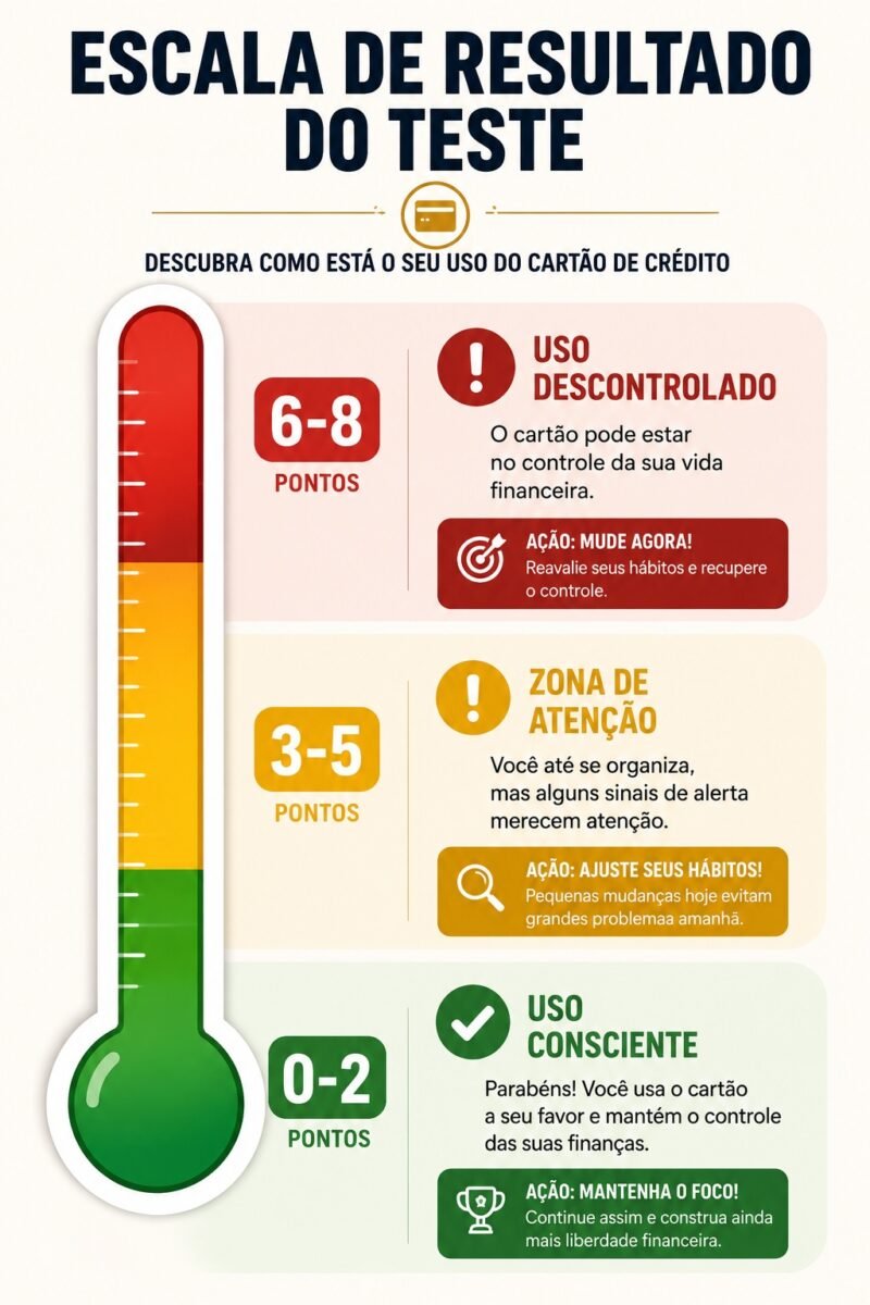 Escala de resultado do teste: uso consciente, zona de atenção ou uso descontrolado do cartão