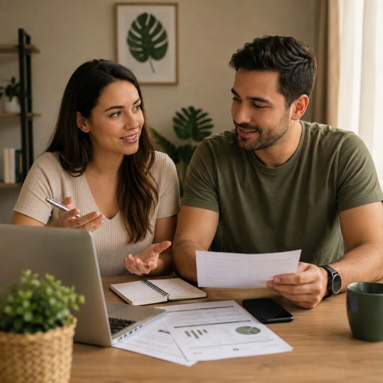 Casal conversando sobre organização financeira com laptop e planilhas na mesa para decidir entre conta conjunta ou separada
