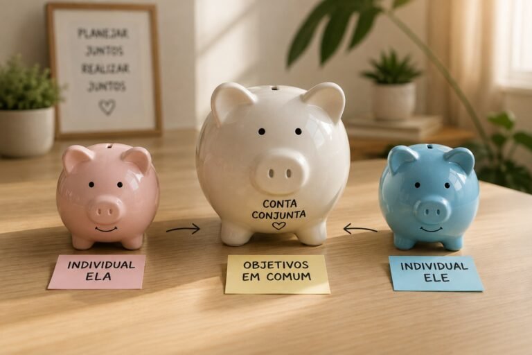 Modelo misto de finanças em casal: cofrinhos individuais e conta conjunta para objetivos em comum