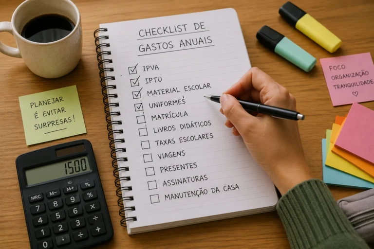Checklist de gastos anuais com IPVA, IPTU e material escolar para marcar