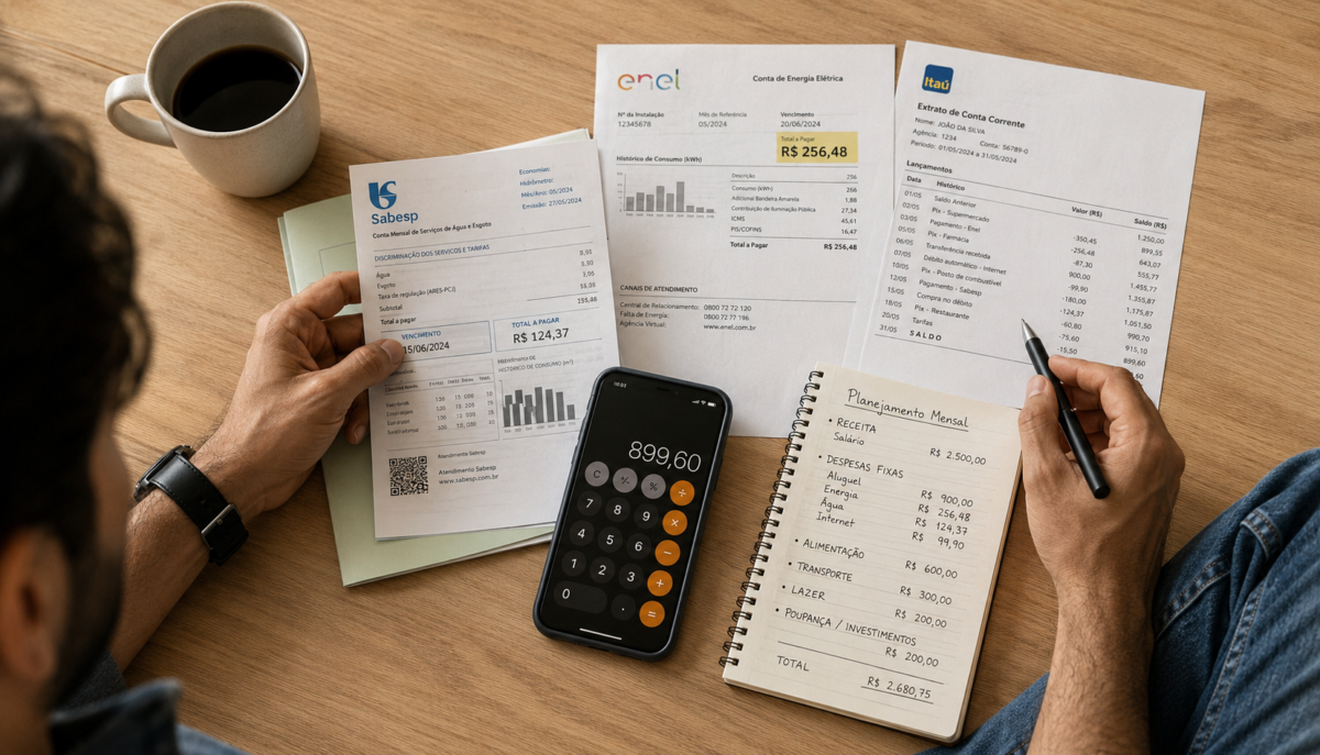 Homem organizando as finanças pessoais com contas, extrato bancário, calculadora e planejamento mensal
