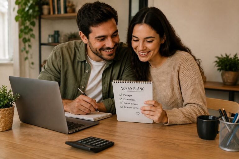 Casal sorrindo segurando checklist de plano financeiro com laptop e calculadora na mesa