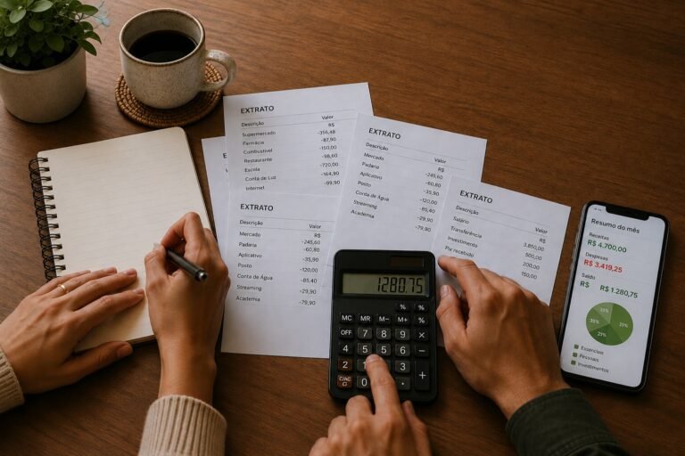 Mãos de casal analisando extratos bancários e calculadora para transparência financeira