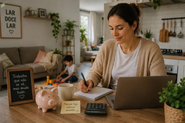 Mulher planejando orçamento em casa enquanto cuida do filho, mostrando contribuição não financeira