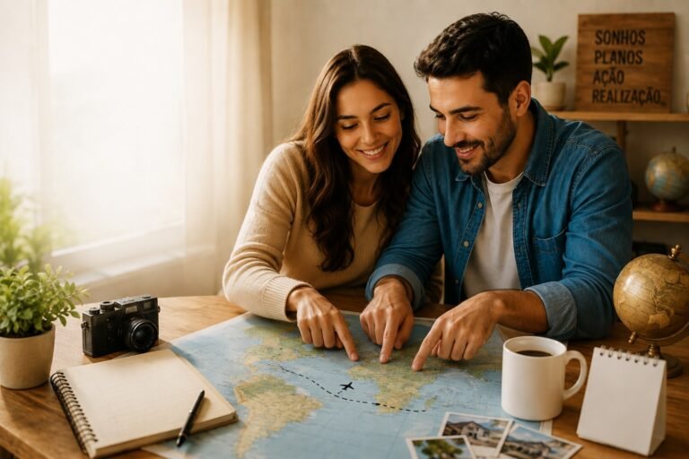 Casal apontando para mapa-múndi planejando viagem dentro do orçamento do casal