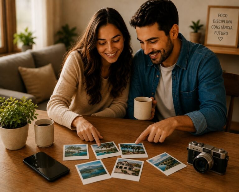 Casal sorrindo à mesa revisando fotos e metas de planejamento financeiro juntos