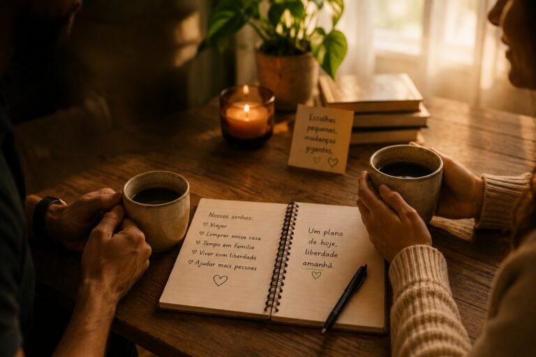 Mãos de casal com xícaras de café sobre caderno com metas e sonhos financeiros