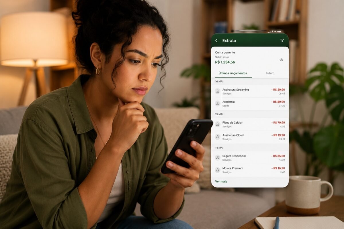 Mulher conferindo o extrato bancário no celular para acompanhar seus gastos e assinaturas.