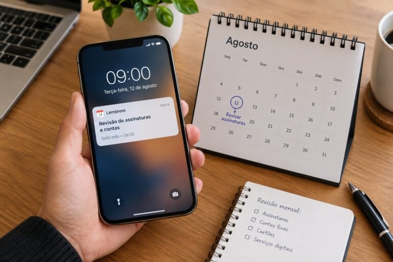 Pessoa segurando celular com lembrete mensal para revisar contas e assinaturas ao lado de calendário marcado e checklist financeiro sobre a mesa.