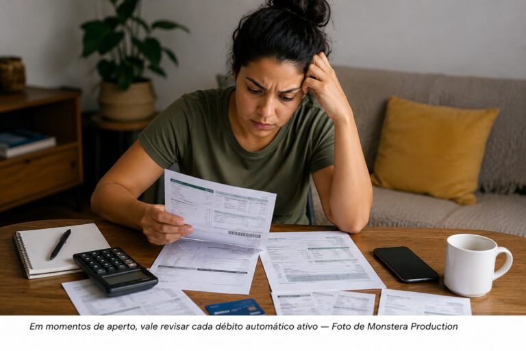 Mulher preocupada revisando contas e documentos financeiros sobre a mesa, com calculadora e celular ao lado, em um momento de aperto financeiro.