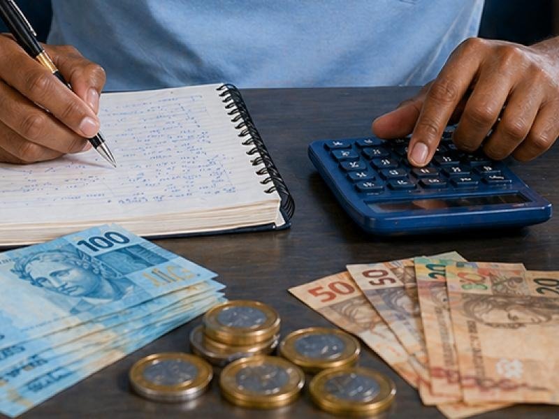 Pessoa organizando as finanças com caderno, calculadora, dinheiro em reais e moedas sobre a mesa