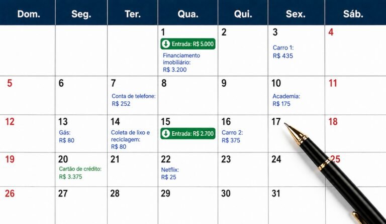 Calendário financeiro mensal com entradas de R$ 5.000 e R$ 2.700 e diversas despesas programadas em reais