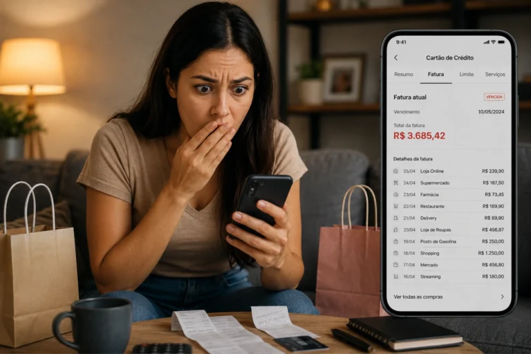 Mulher surpresa ao ver a fatura alta do cartão de crédito depois de compras por impulso