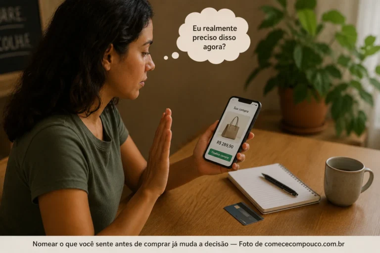 Mulher fazendo uma pausa consciente antes de finalizar uma compra pelo celular