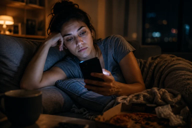 Mulher rolando o celular no sofá à noite, gatilho comum de compra por impulso