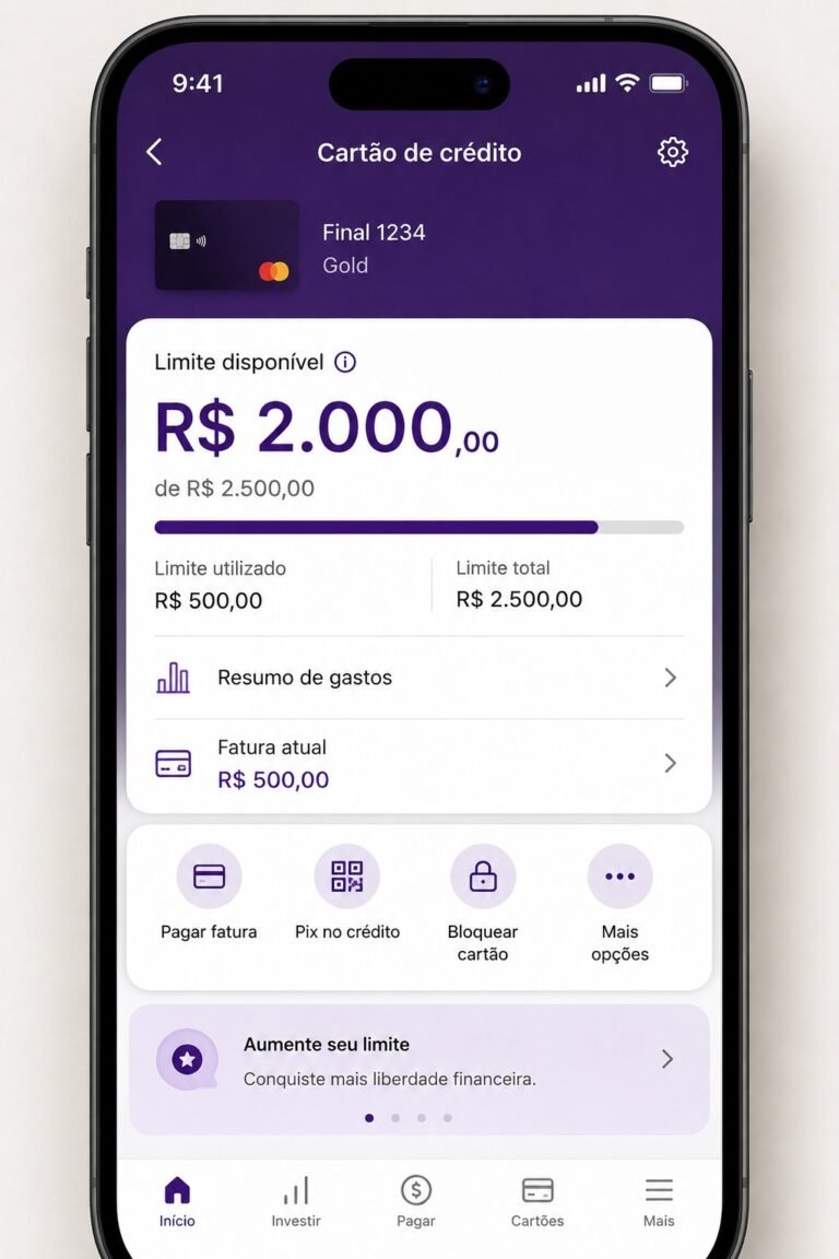 Tela de aplicativo de banco mostrando limite disponível no cartão de crédito