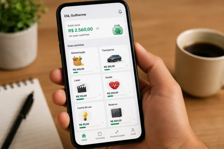Tela de aplicativo bancário mostrando caixinhas digitais organizadas por categoria de gasto