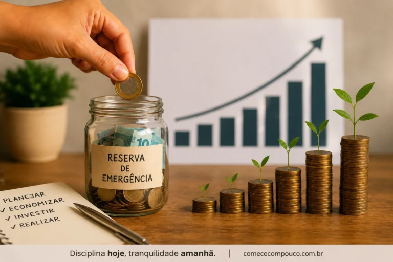 Mão colocando moeda em pote de vidro com etiqueta "Reserva de Emergência" e gráfico de crescimento ao fundo
