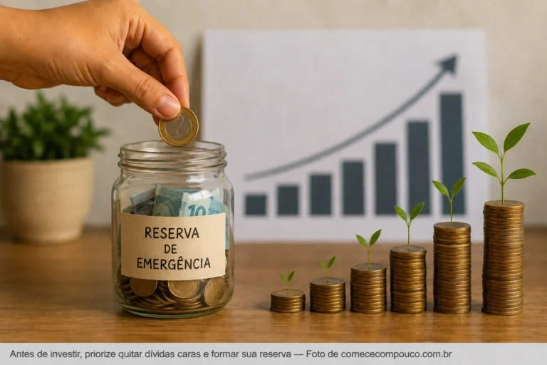 Mão colocando moeda em pote de vidro com etiqueta "Reserva de Emergência" e gráfico de crescimento ao fundo