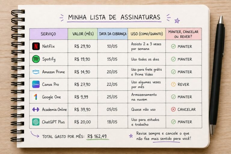 Modelo de lista para organizar assinaturas e cobranças recorrentes