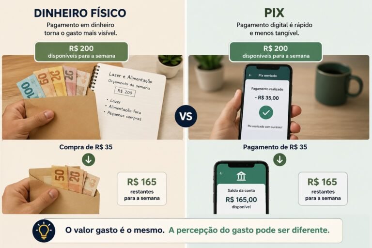 Comparação entre pagamento em dinheiro e Pix mostrando o mesmo gasto de R$ 35