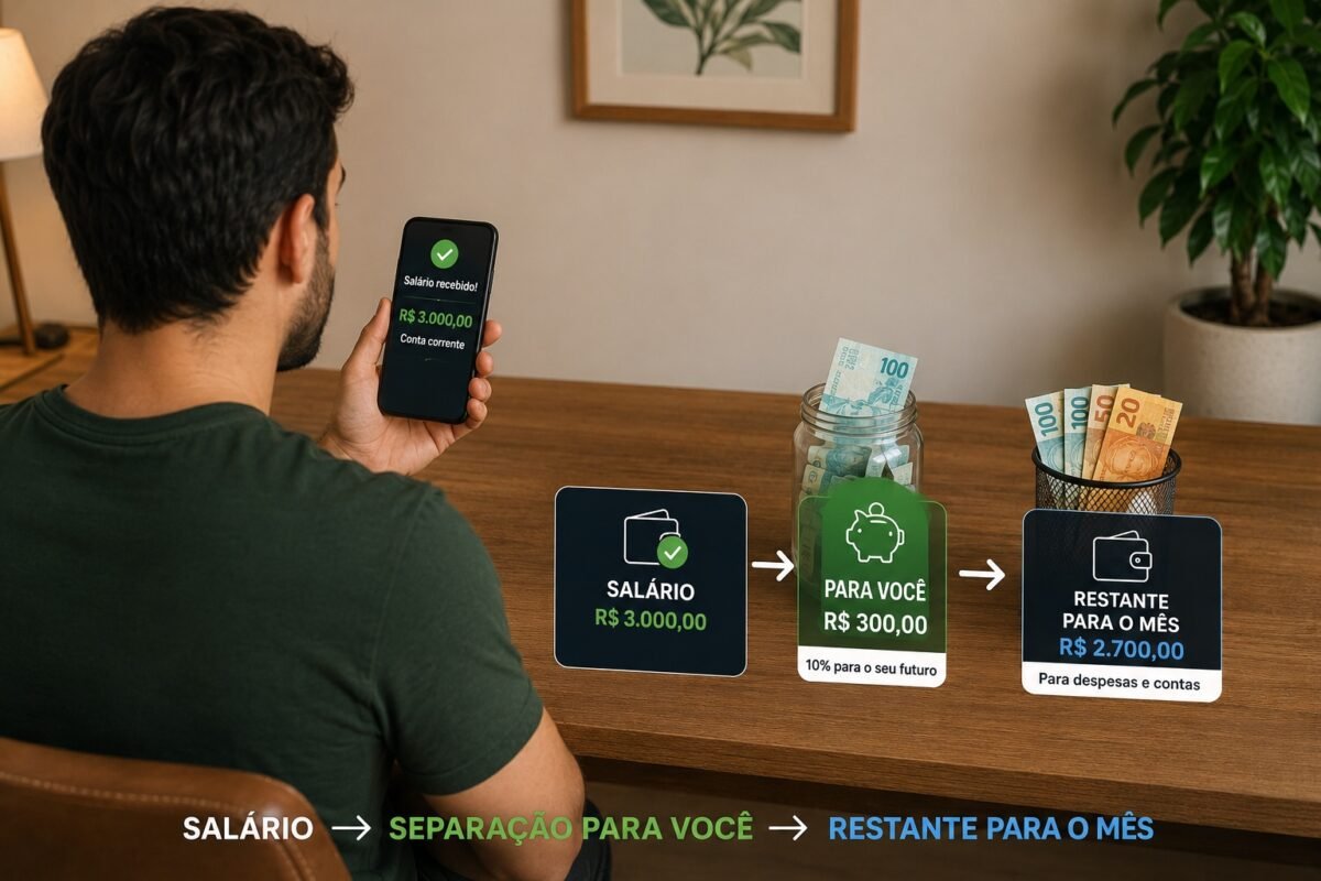 Pessoa separando parte do salário para guardar dinheiro antes de pagar as despesas