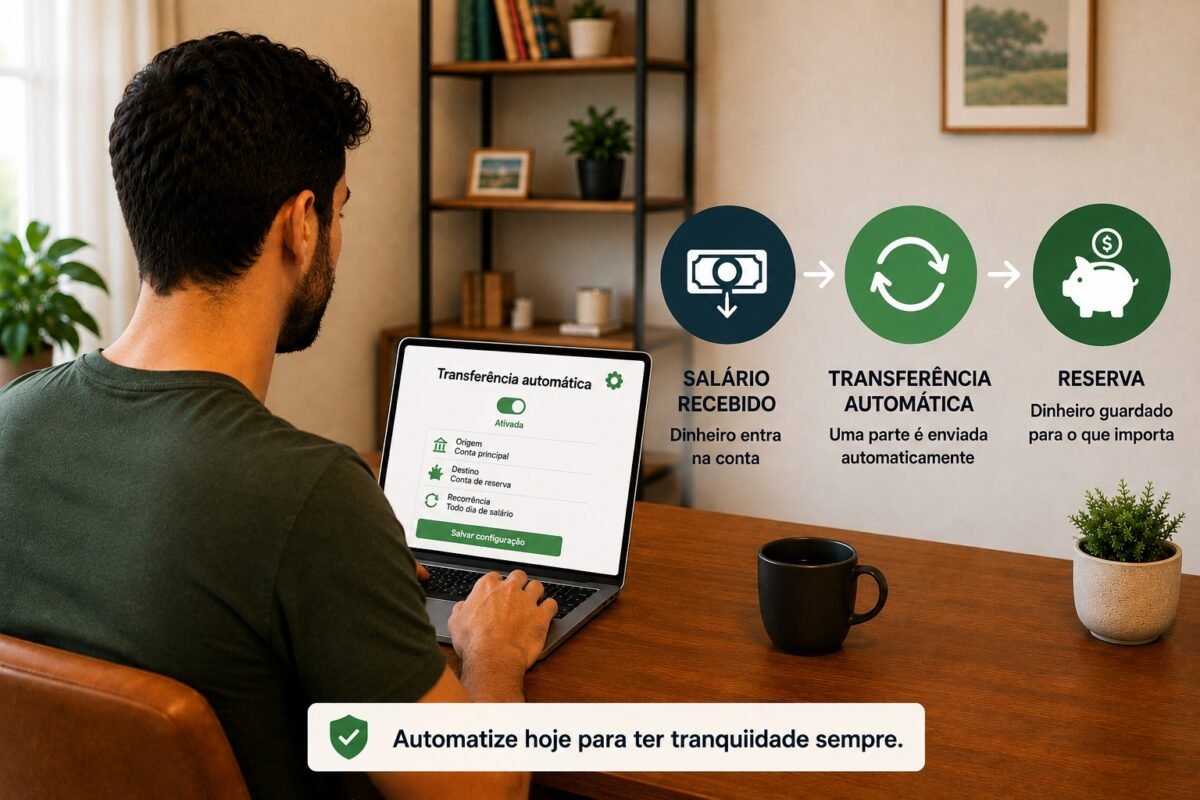 Pessoa configurando transferência automática para guardar parte do salário
