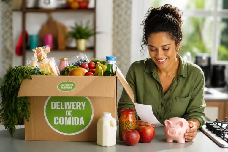 Pessoa decidindo entre pedir delivery e preparar uma refeição em casa, representando uma escolha consciente sobre os gastos.
