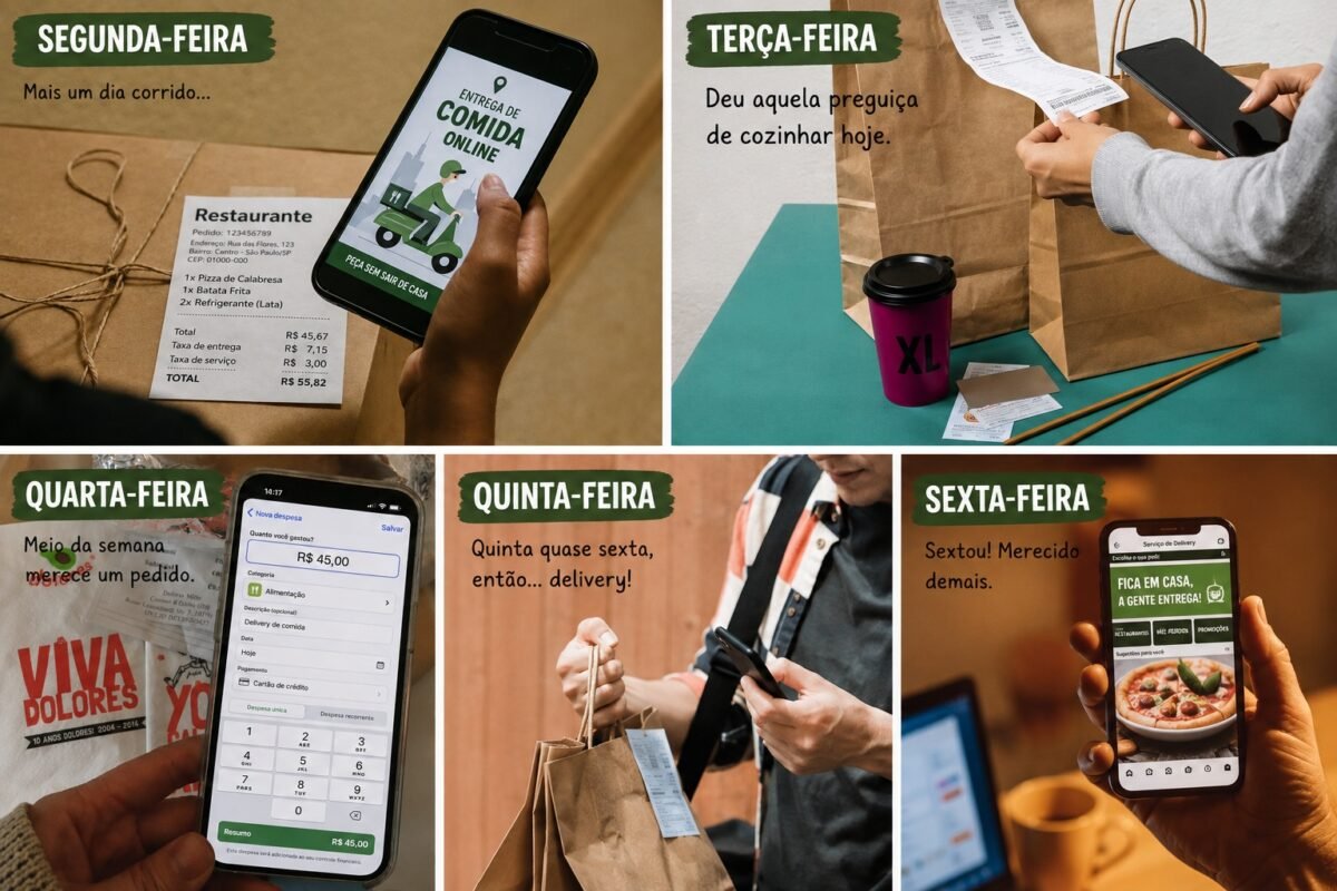 Colagem ilustrando uma semana de gastos com delivery, de segunda a sexta-feira, mostrando pedidos de comida, compras por aplicativo e diferentes despesas acumuladas ao longo dos dias.