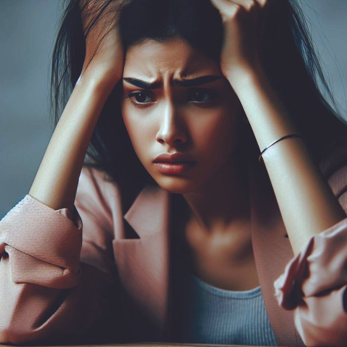 Mulher preocupada demonstrando estresse diante de dificuldades financeiras.