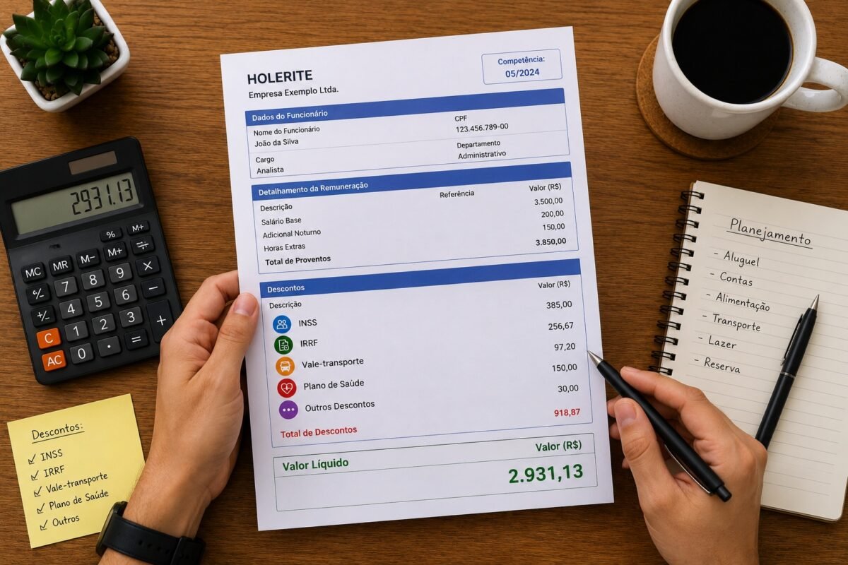 Holerite detalhado com salário bruto, descontos de INSS, IRRF, vale-transporte e plano de saúde, mostrando o valor do salário líquido.