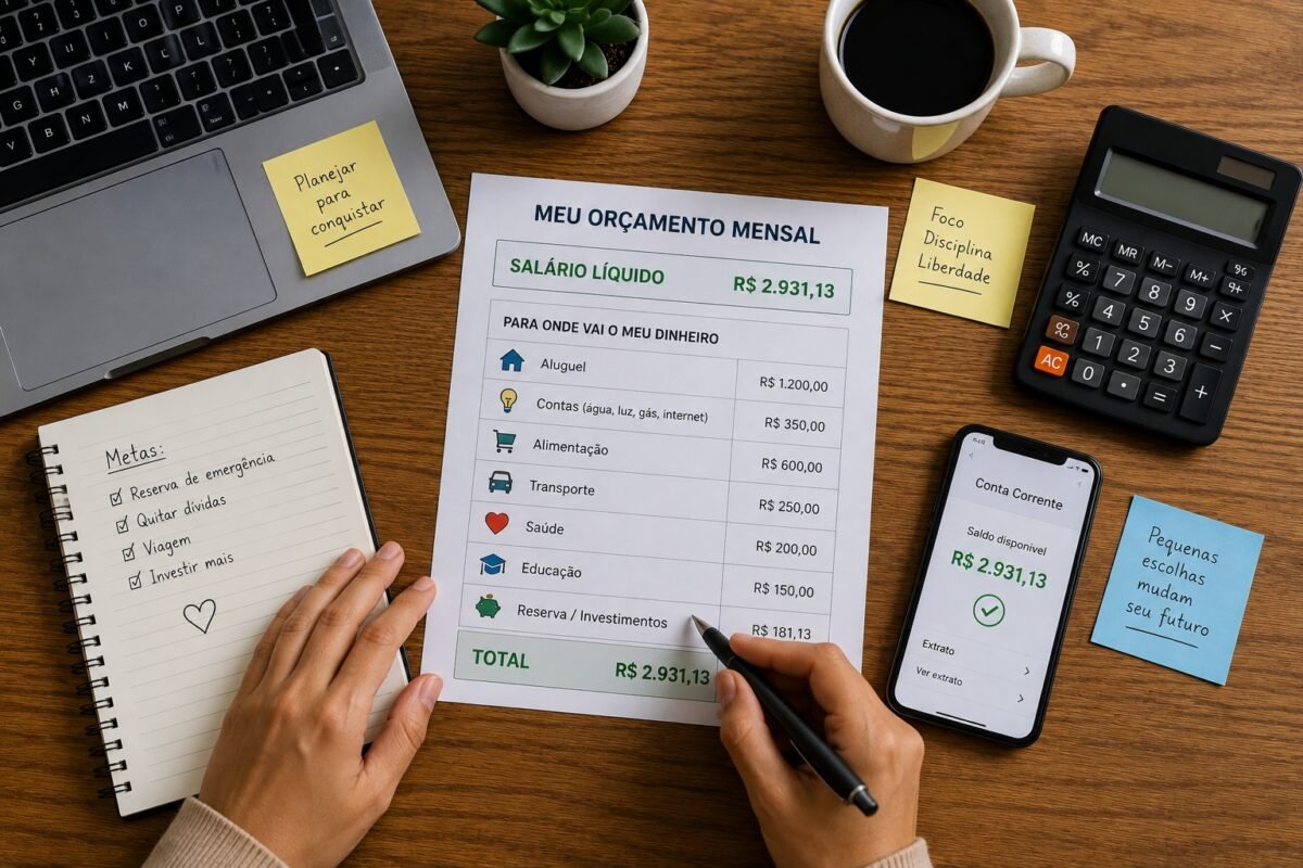 Organização do orçamento mensal com controle de despesas, reserva de emergência e investimentos.