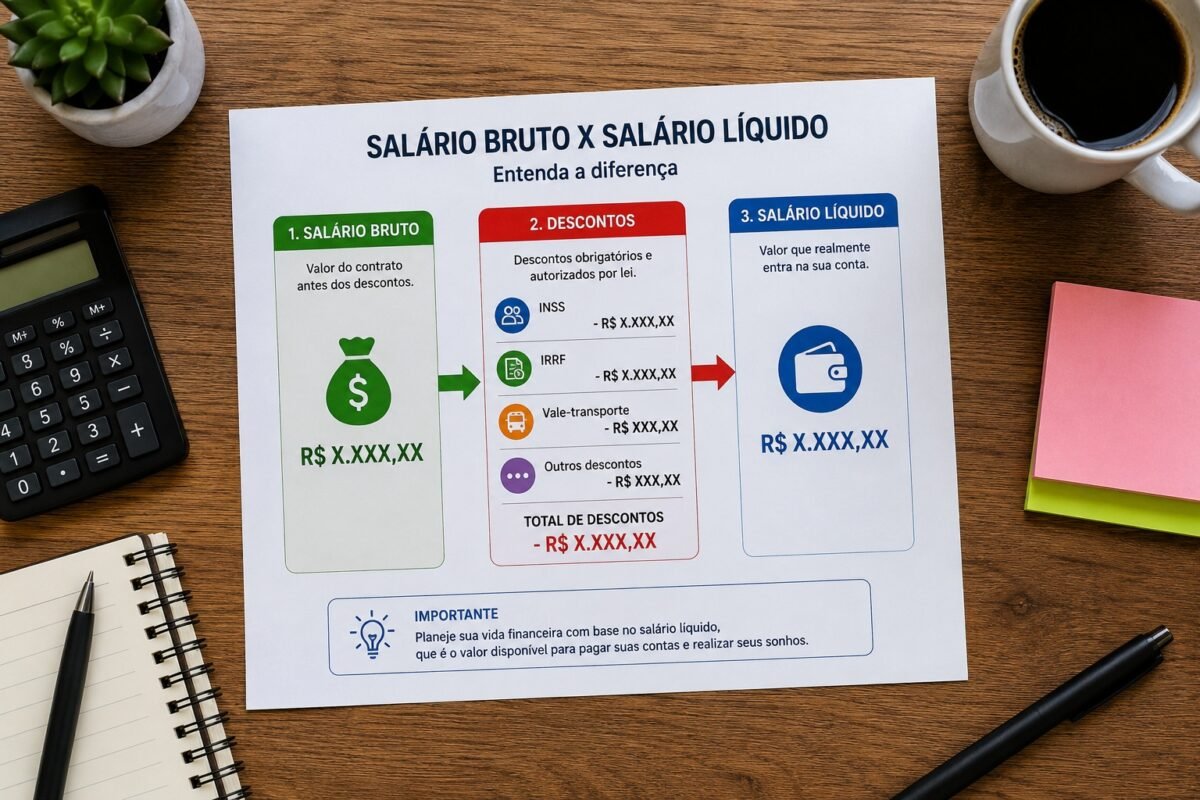 Infográfico mostrando a diferença entre salário bruto e salário líquido, com descontos como INSS, IRRF e vale-transporte.