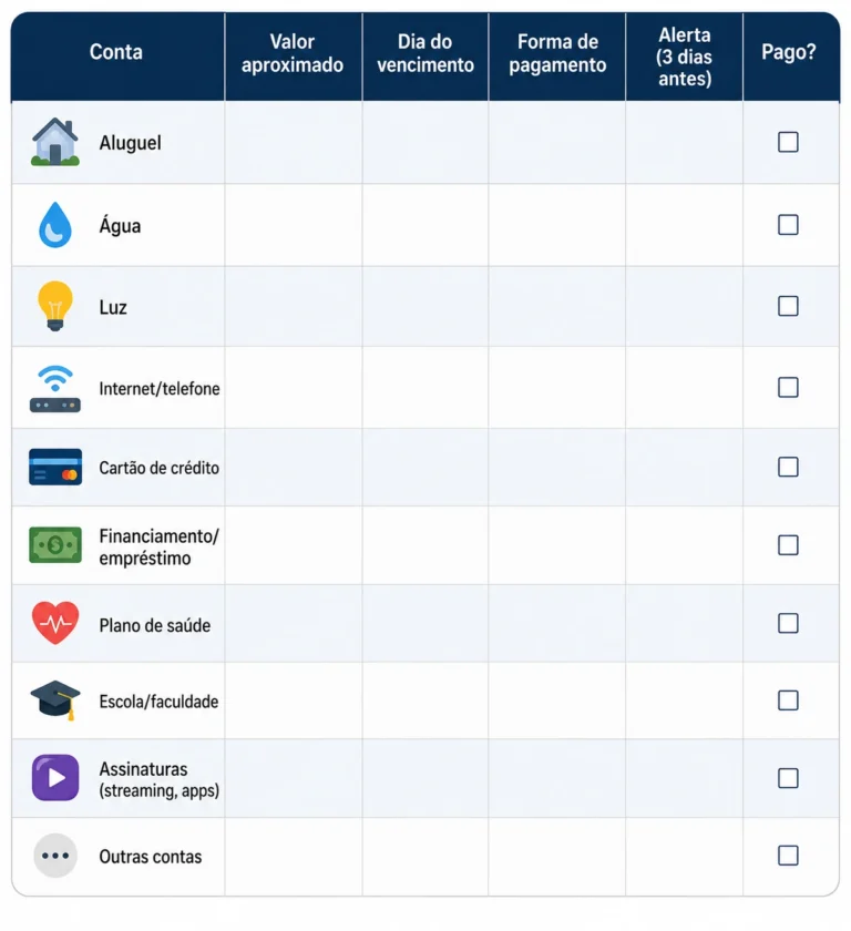 planilha de controle de contas com valores, vencimentos, formas de pagamento, alertas e status de pagamento
