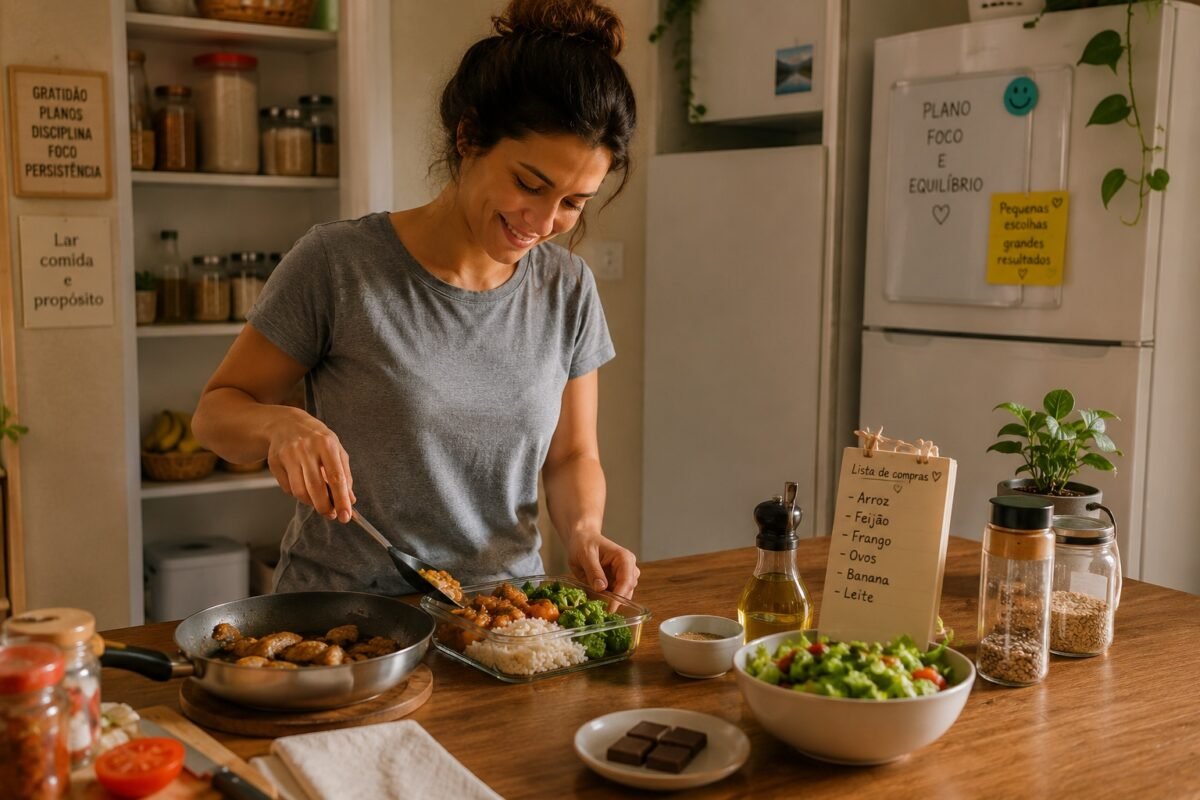 Pessoa preparando refeições em casa com ingredientes disponíveis, seguindo uma lista de compras para economizar no fim do mês.