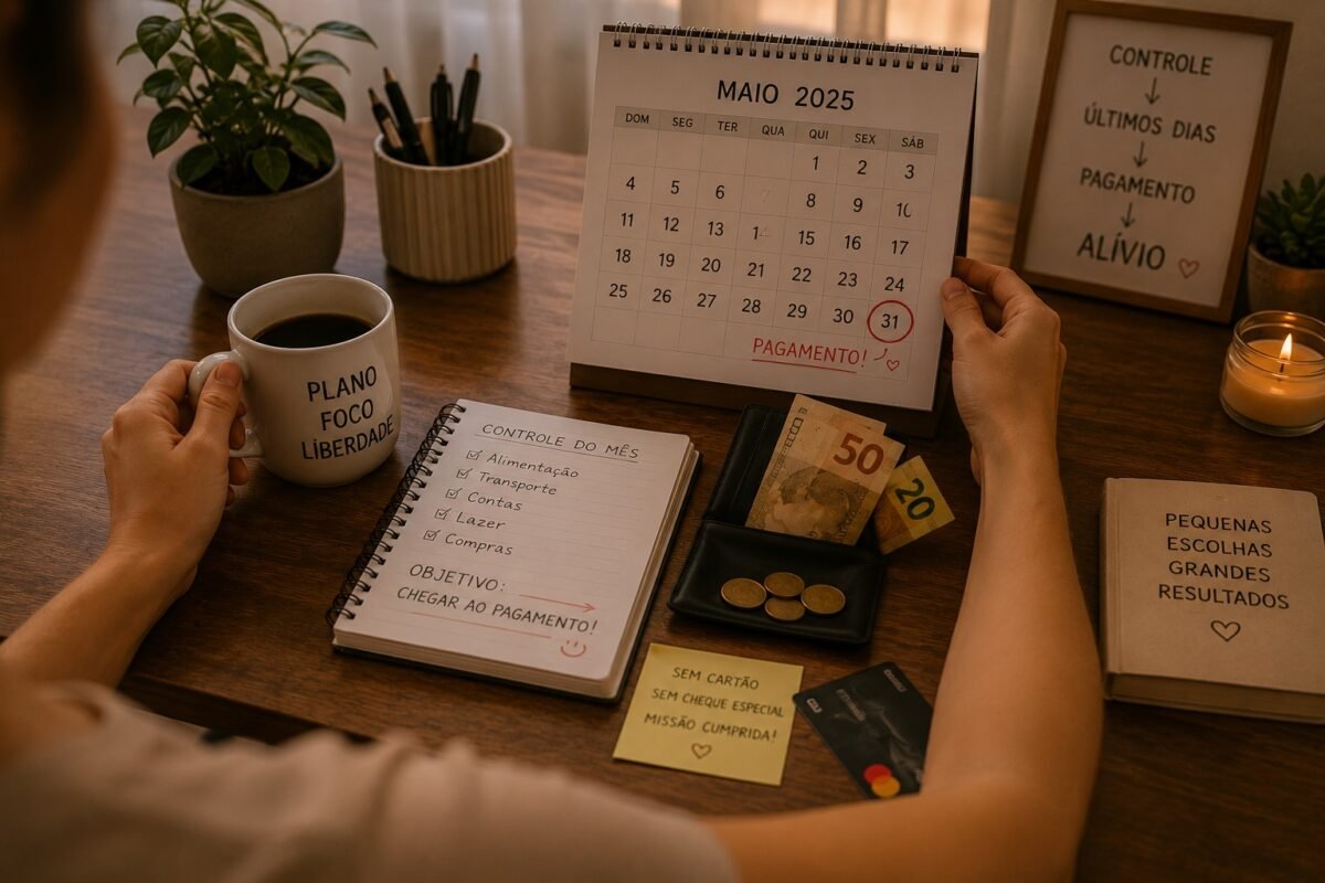 Pessoa acompanhando o orçamento e o calendário do mês para chegar ao dia do pagamento sem usar cartão de crédito ou cheque especial.