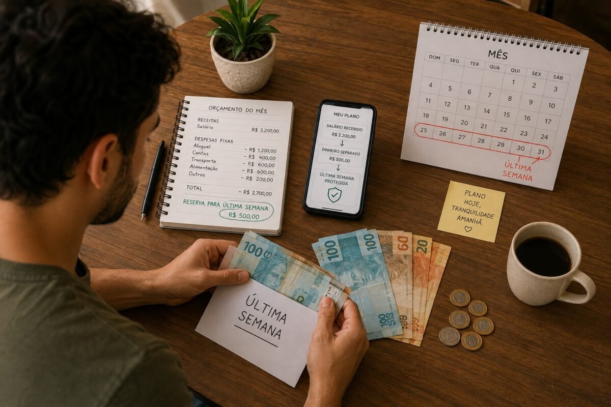 Pessoa separando dinheiro em um envelope para a última semana do mês, com orçamento, calendário e celular sobre a mesa.
