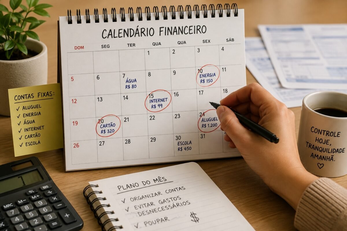 Calendário financeiro para organização do orçamento mensal, com datas de vencimento de contas, caderno de planejamento, calculadora e anotações de despesas.